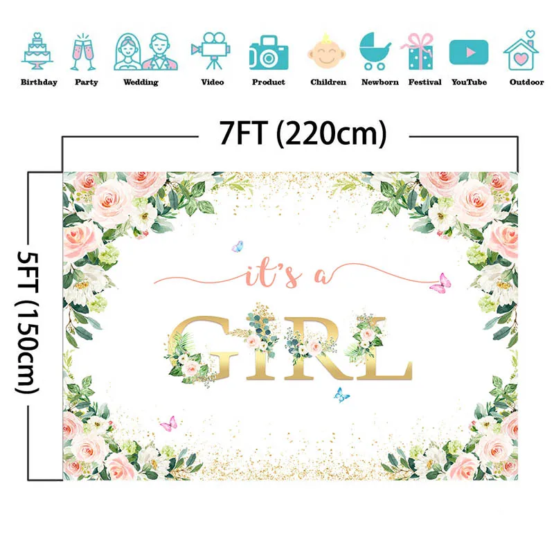 It's A Girl Baby Shower Party Backdrop Flower Floral CakeTable Decoration Banner Child Birthday Portrait Background Photo Studio