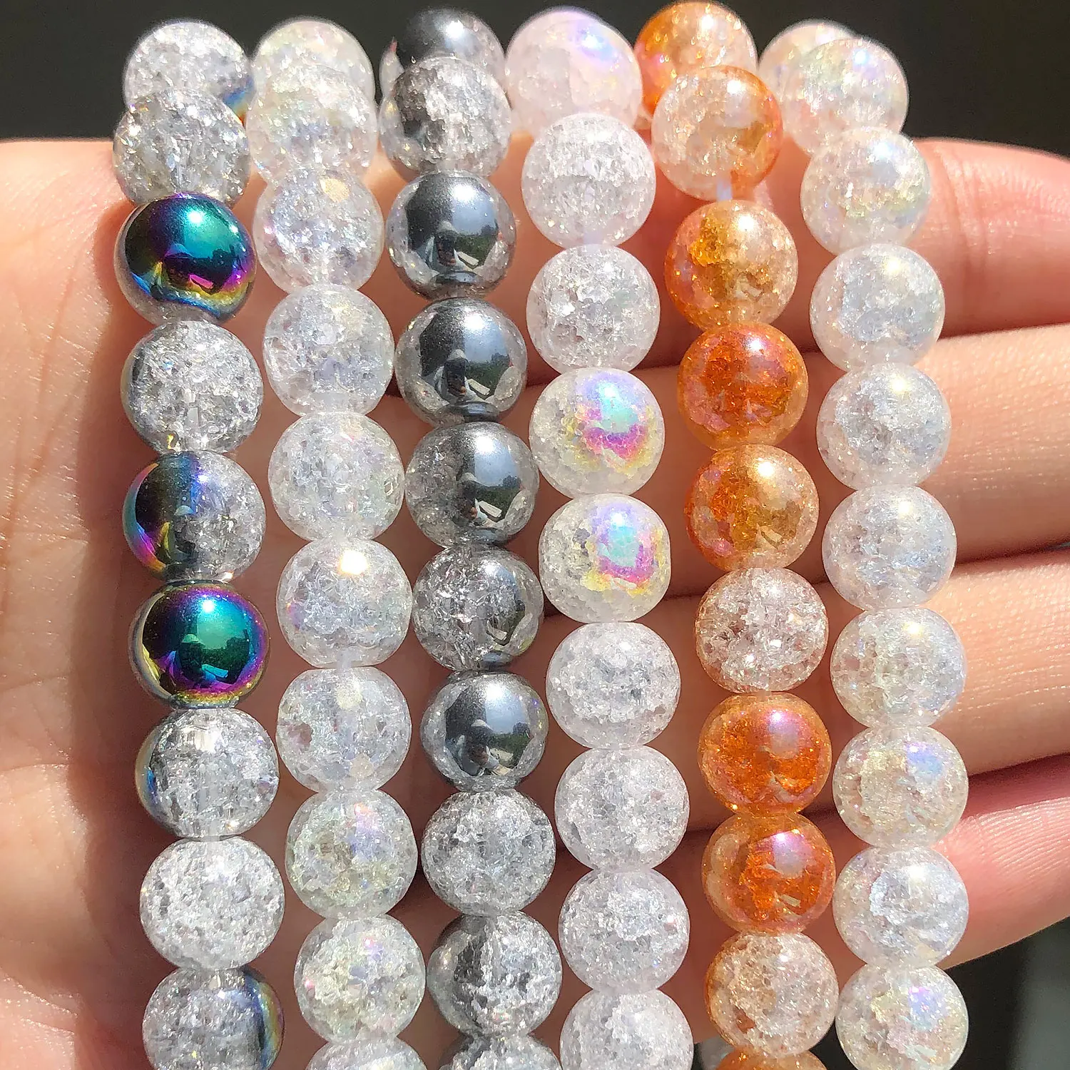 Gold Silver Plated Snow Cracked Crystal Natural Stone Loose Quartz Seed Beads for Jewelry Making DIY Fashion Bracelet 6/8/10mm