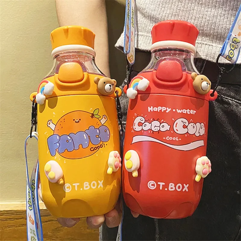 

380ml Cute Kids Cola Thermos Mug With Straw Stainless Steel Cartoon Vacuum Flasks Children Thermal Water Bottle Thermocup