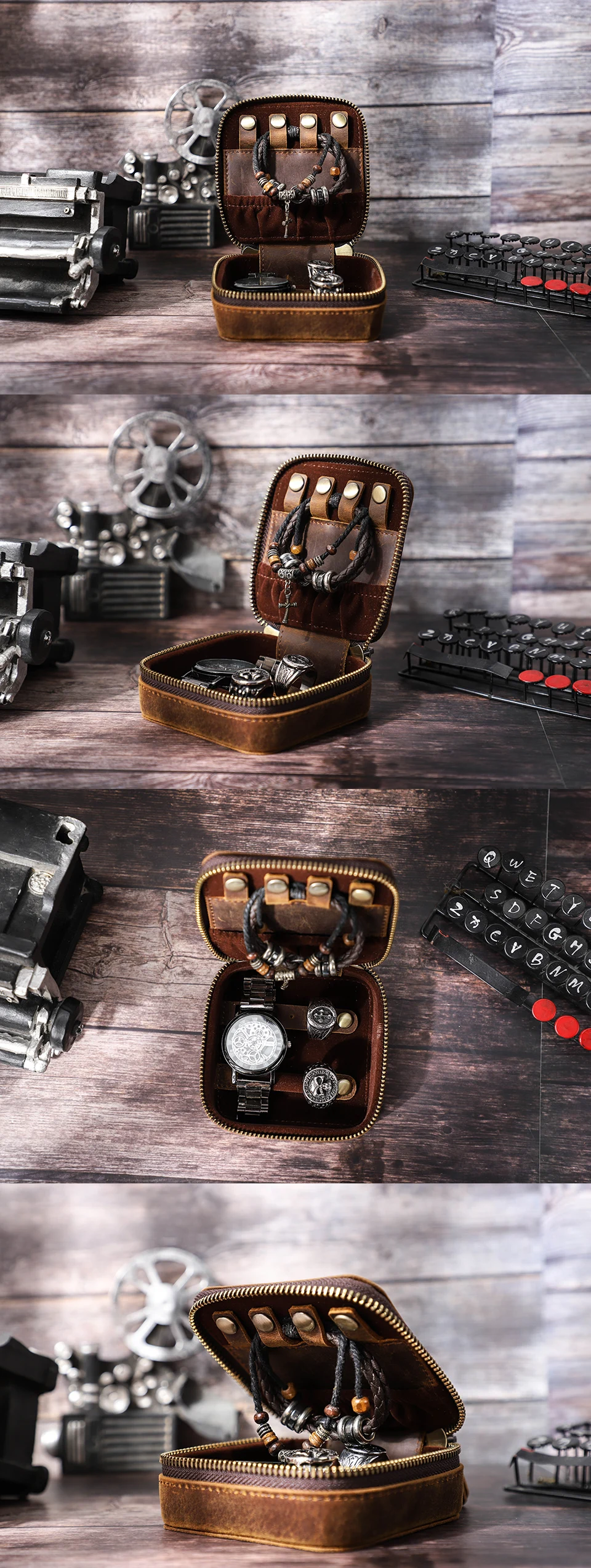 Retro Leder Schmuck Box Organizer Uhr Ohrring Ringe Halskette Lagerung Fall Geschenk Schmuck Schatulle Joyeros Organizador De Joyas – Detail 1