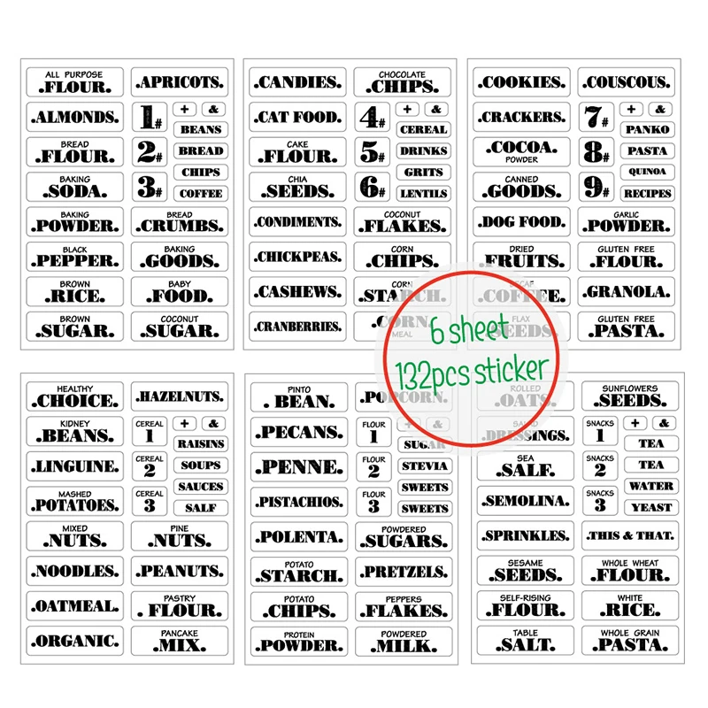 Farmhouse Pantry Labels 6 Sheets Transparent Waterproof Pantry Stickers Food Jar Labels for Pantry Organization CLH@8