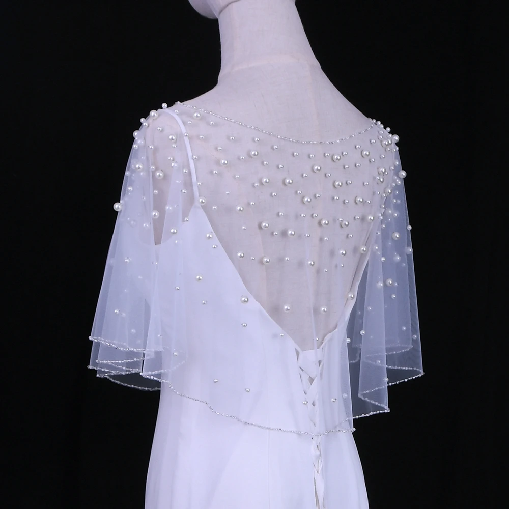 Janevini luxo completa pérolas branco/marfim nupcial jaqueta frisado borda tule xales envolve verão noiva cabo bolero para o vestido de casamento