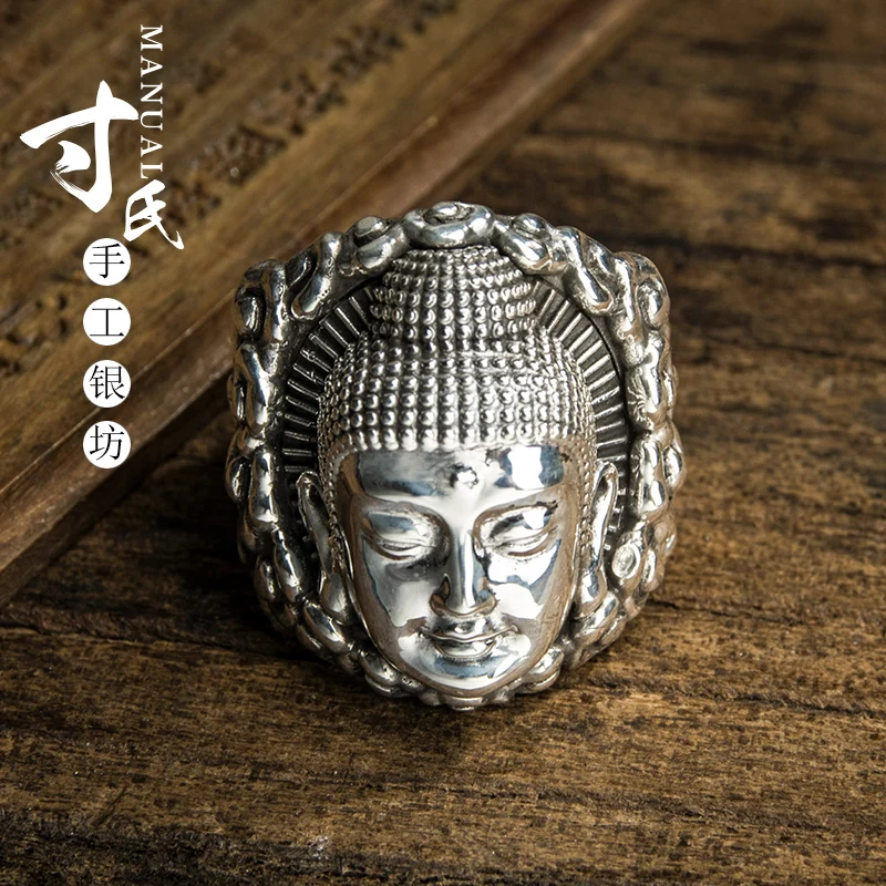 Cunshi original foot silver 999 sterling silver Amitabha ring retro Buddha Buddha Buddha head ring