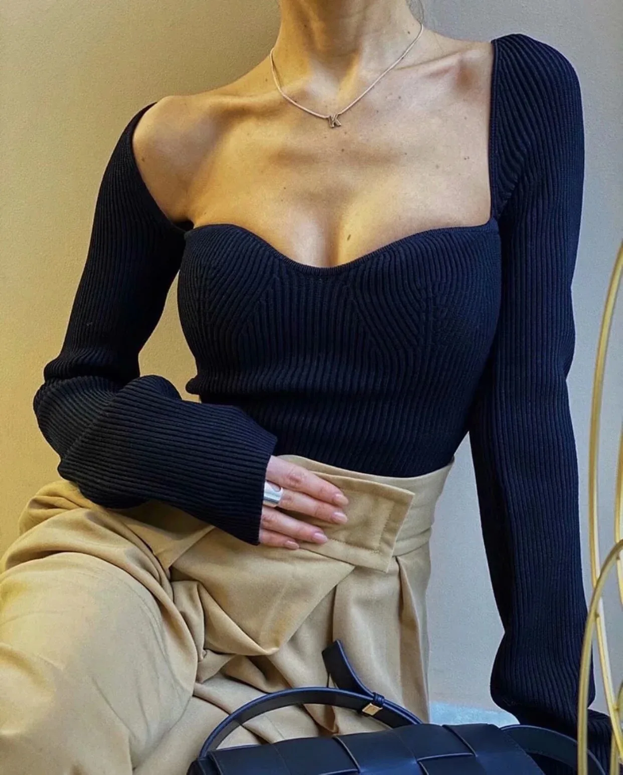 Sexy Spring Hem Asymmetrical Knitted Pullovers Square Collar Skinny Sweater CHIC Slim Knitwear Flare Sleeve Jumper Tops