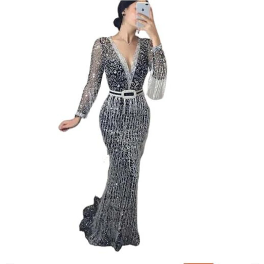Damska nowa sukienka urodziny Prom cekinami frędzlami 1920s długa sukienka elegancka Bodycon Party Rhinestone suknia wieczorowa
