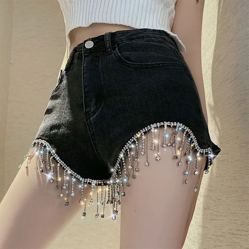 Hot Shorts Sexy short Jeans Women Tassels Nail Diamond shorts Hollow Out Bandage Punk High Waist Slim Black denim shorts Women