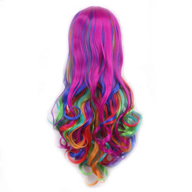 Similler Anime Synthetic Cosplay Wigs for Women High Temperature Fiber Long Curly Rainbow Wig with Bangs