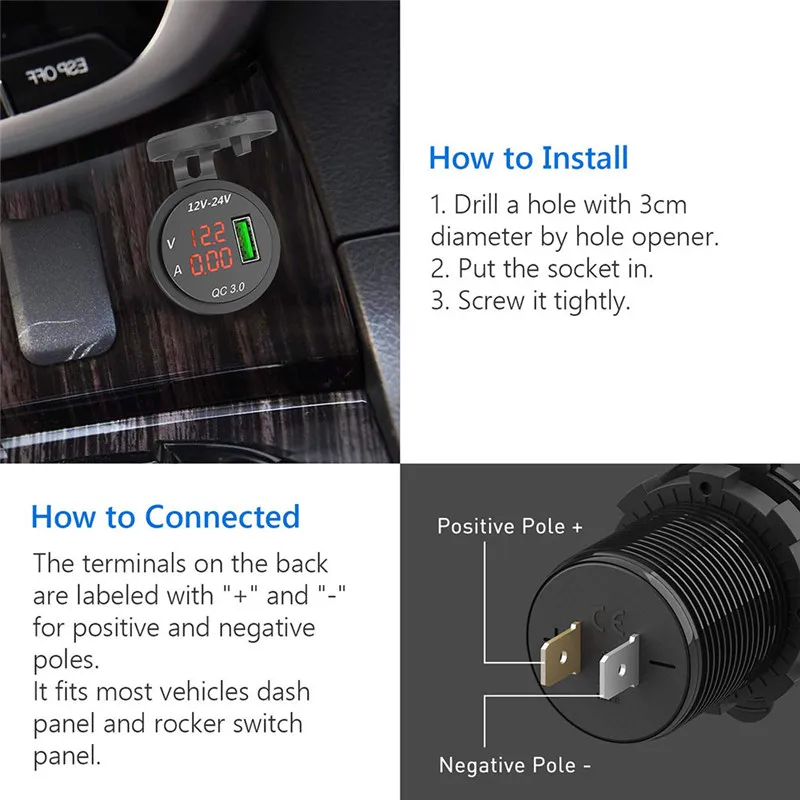 New QC 3.0 USB Charger Socket Power Outlet Digital Voltmeter Ammeter Monitoring Panel for Car Boat Marine Rv Motorcycle Truck