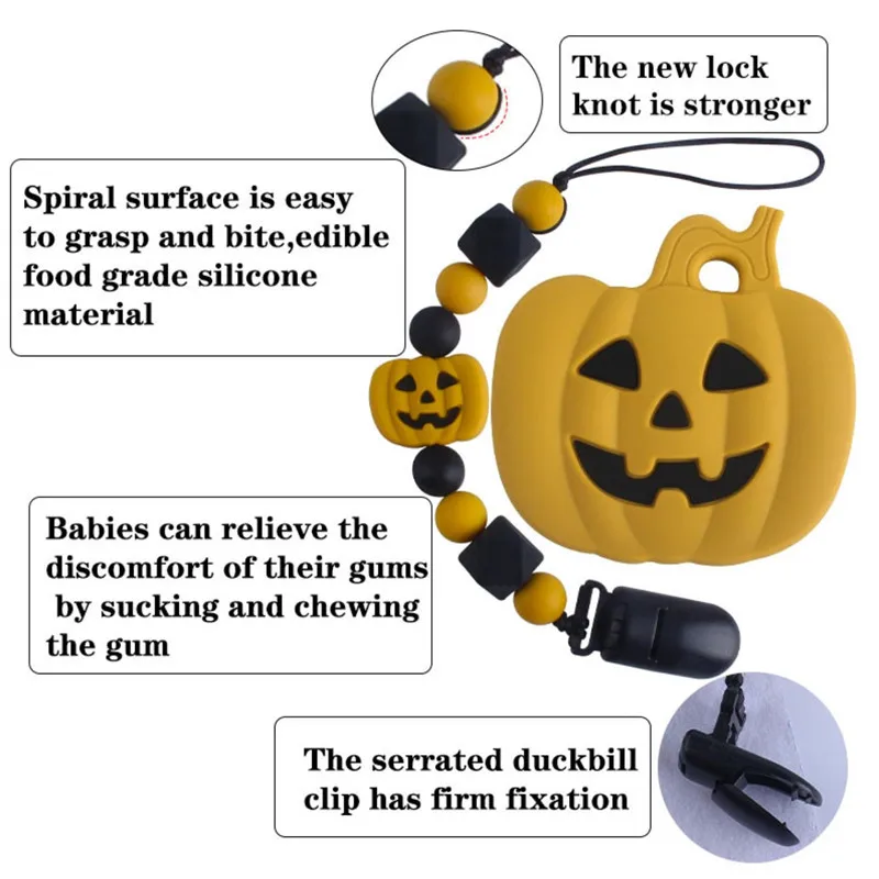 Clip di ciuccio in Silicone per neonato con catena fittizia di Halloween supporto per dentizione di zucca Set di massaggiagengive per bambini regalo per bambini