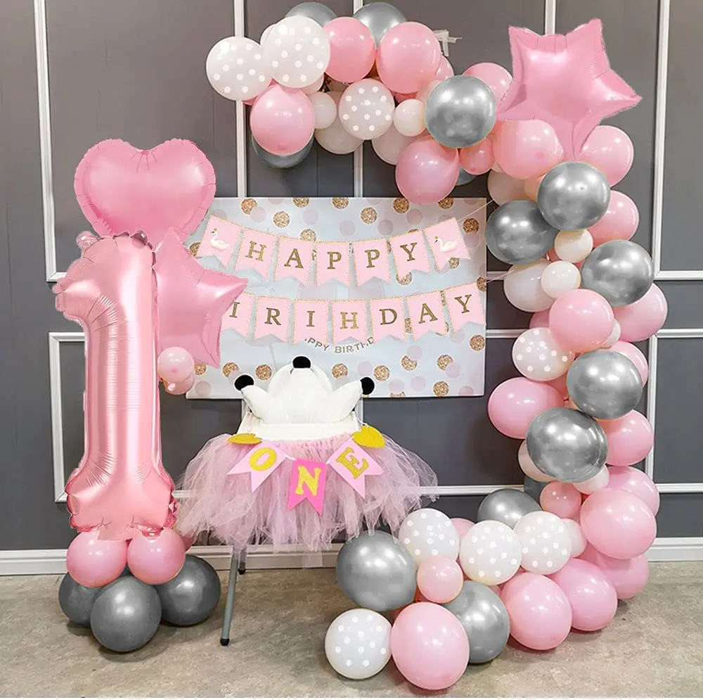 1 2 3 Year Girl Birthday Balloon Decor Children's First Birthday Party Decorations Kids Girl Baby Shower Pink Balloon Garland