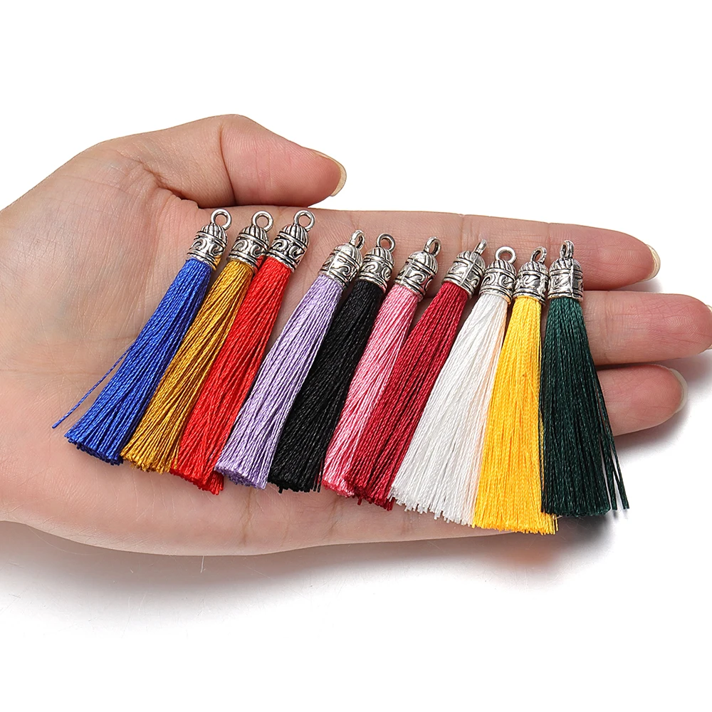 10Pcs 6cm Silk Tassel Charms Brush Tassels With Antique Silver Caps For DIY Jewelry Making Handmade Earrings Pendant Accessories