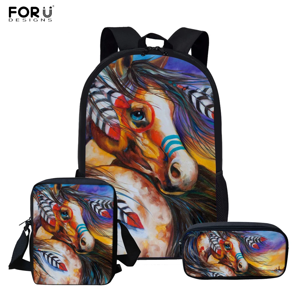 FORUDESIGNS Indian Horse Printed School Bags Set for Boys Girls Lightweight Backpacks Child Book bag Kids Satchel Knapsack