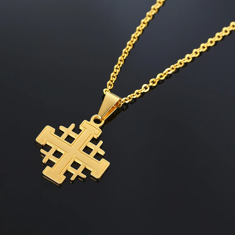 JERUSALEM CROSS NECKLACE FOR MEN BIBLE CRUSADERS STAINLESS STEEL PENDANT ISRAEL JEWELS Bible Crusaders WITH 24 INCH