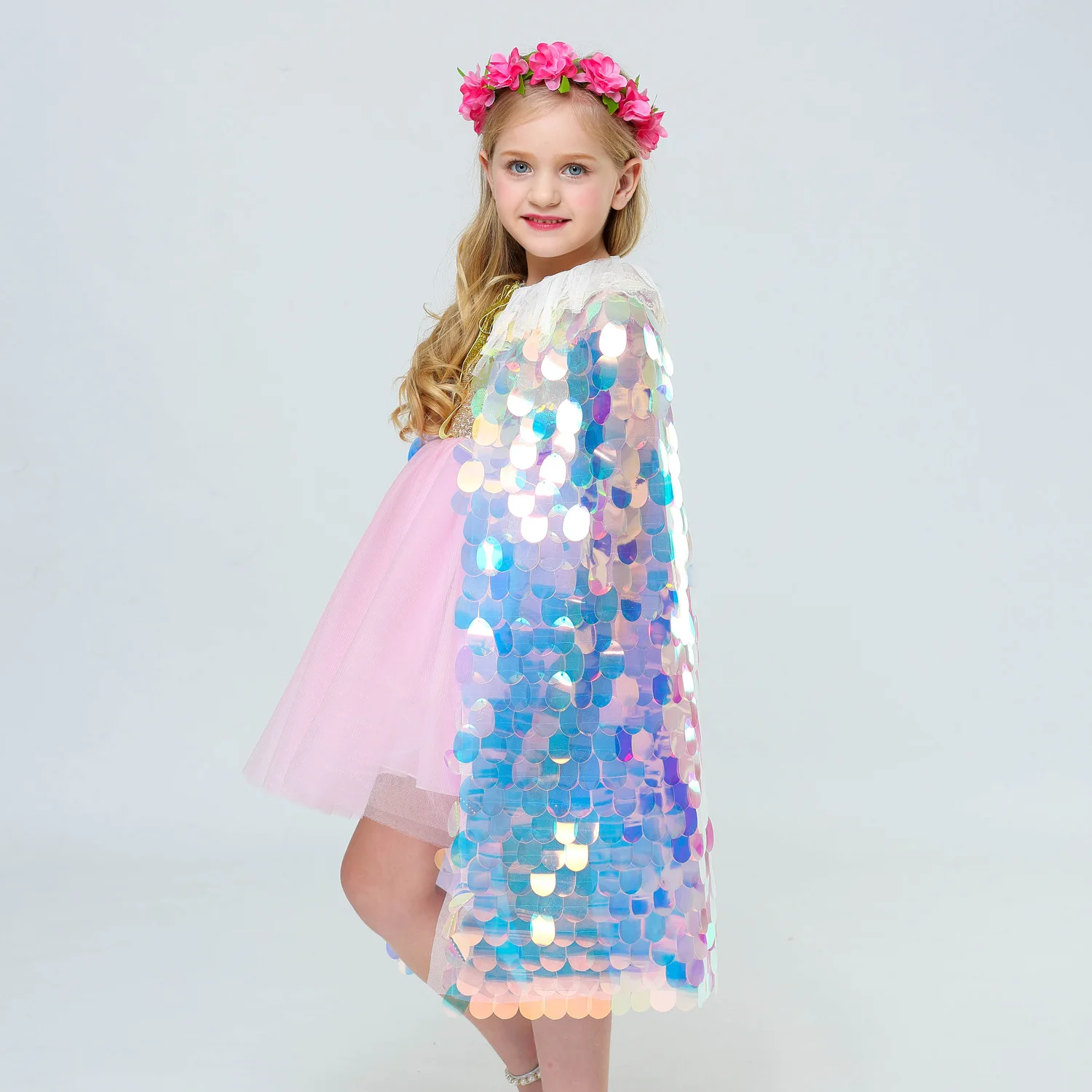 New Little Mermaid Princess Girls Sequins Cape Cloak for Beach Party Clothes Children Rainbow Shawl Cosplay Christmas Wear