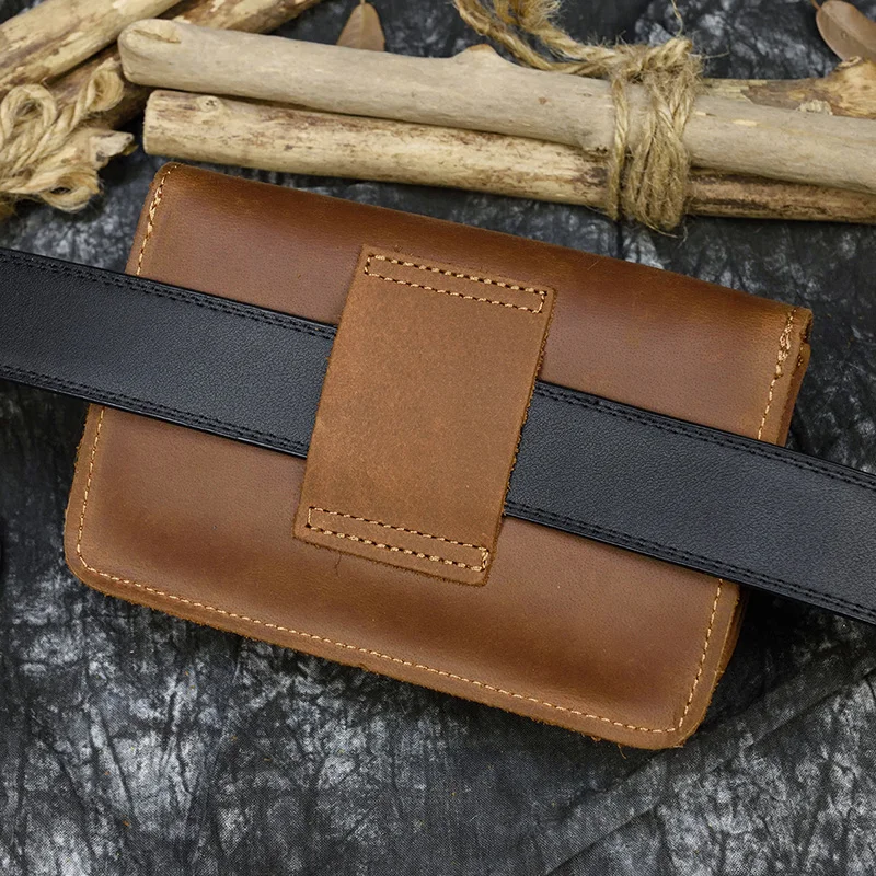 Men\'s Genuine leather waist bag for iPhone crazy horse leather belt bag cow leather snap wallet 2 use Real leather clutch bag