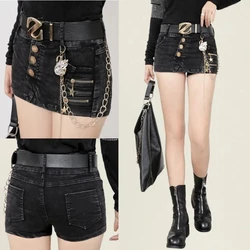 Mini saia jeans com cinto de correspondência para senhoras, saia jeans feminina, elástica e fina, estilo sexy e punk, nova tendência, verão, 2024