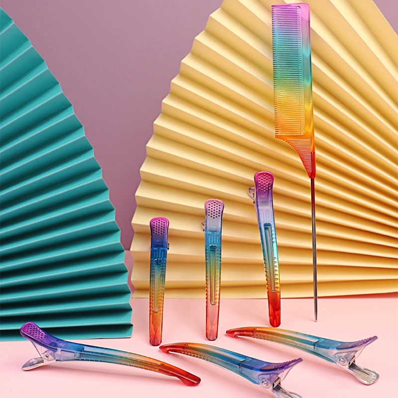 Anti-static Rainbow Hair Comb Rainbow Hairpin Fixed Styling Clip Flat Duck Mouth Hair Clips Pro Salon Hair Styling Tool