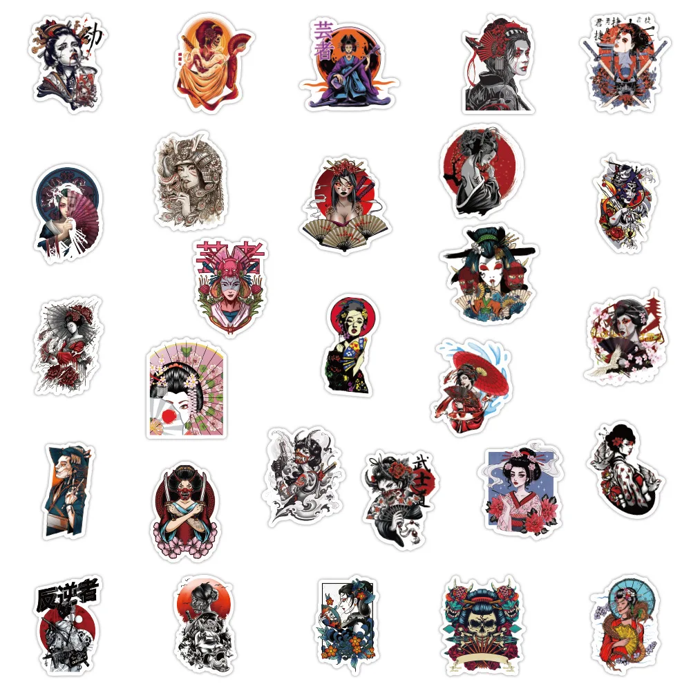 10/30/50PCS Cool Japanese Geisha Tattoo Girl Graffiti Stickers Skateboard Suitcase Freezer Graffiti Luggage Retro Sticker Decal