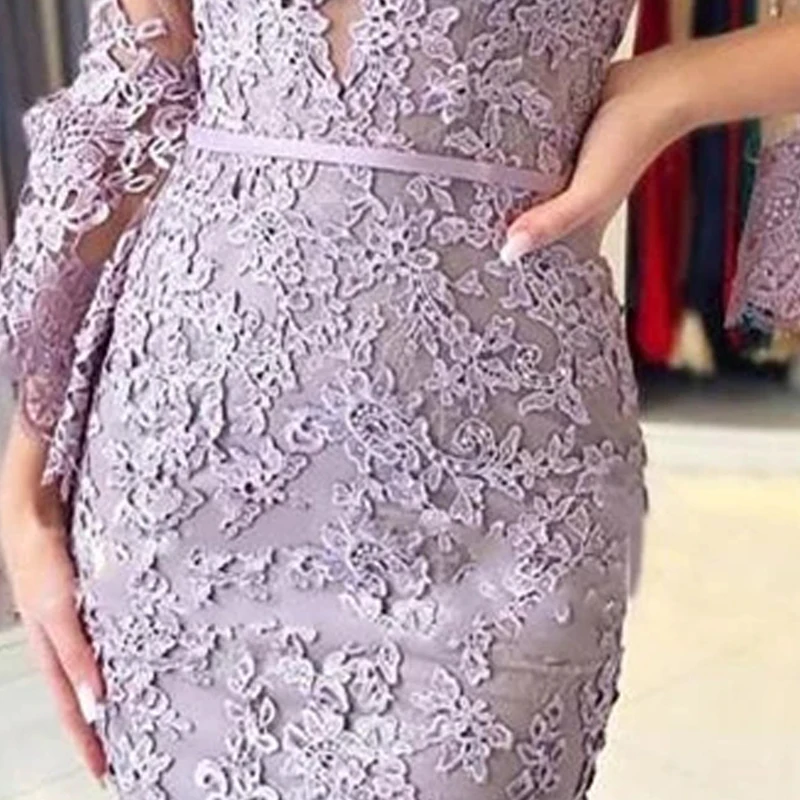 2021 mais recente encantador curto laço de lavanda applique mãe da noiva vestidos manga longa v decote casamento convidados vestidos volta