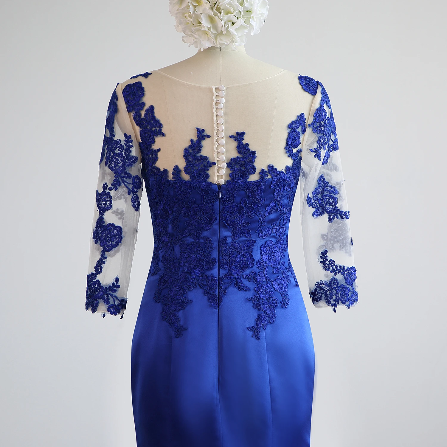 Royal Blue Satin Lace  3/4 Sleeves Floor-Length Mermaid/Trumpet Mother Of The Bride Dresses Customized  Made