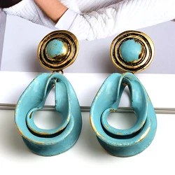 Unique Vintage Gold Color Enamel Dangle Earrings For Women Big Metal Pendant Drop Earring Fashion Brand Jewelry Gifts Wholesale