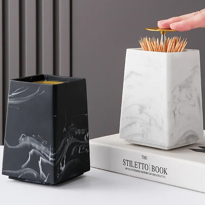 

Marbled Resin Toothpick Holder Press Automatically Pops Up Cotton Swab Storage Box Dispenser Home Hotel Restaurant Supplies