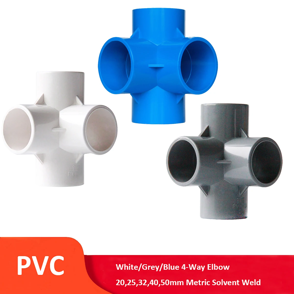 PVC 4-Way Elbow 20mm,25mm,32mm,40mm,50mm Metric Solvent Weld Pressure Pipe Fitting Pipe Connector Aquarium Pond Pool Garden DIY