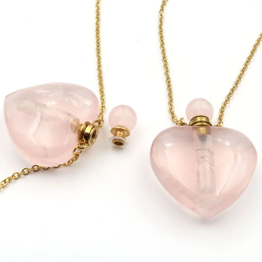 Gold Color Romantic Love Heart Rose Pink Quartz Perfume Bottle Pendant Rock Crystal Necklace for Valentine's Day Jewelry