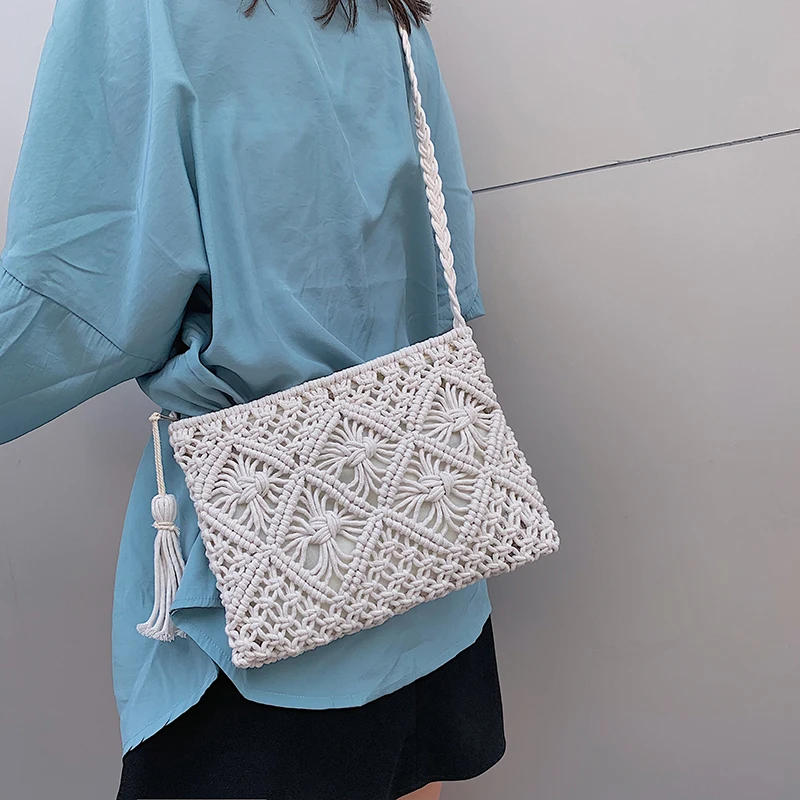 Полукруглые соломенные сумки для женщин, Пляжная плетеная сумочка ручной работы, богемный миниатюрный чемоданчик через плечо с полумесяцем