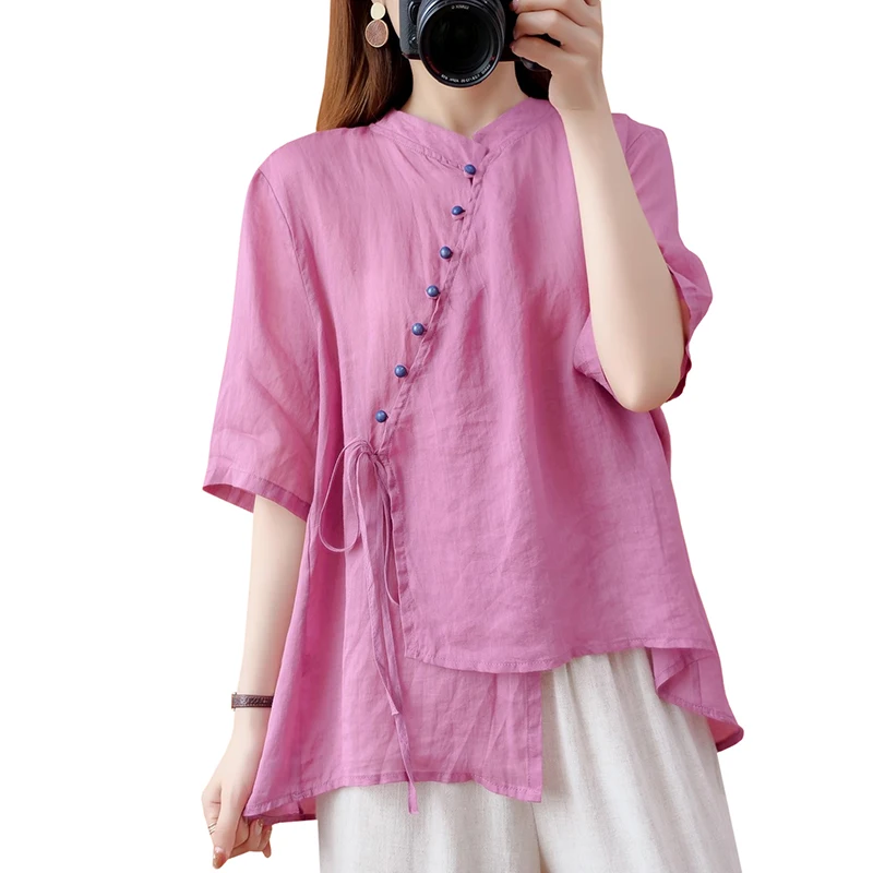 Summer retro standing collar female shirts color buttons irregular top chinese style blouse