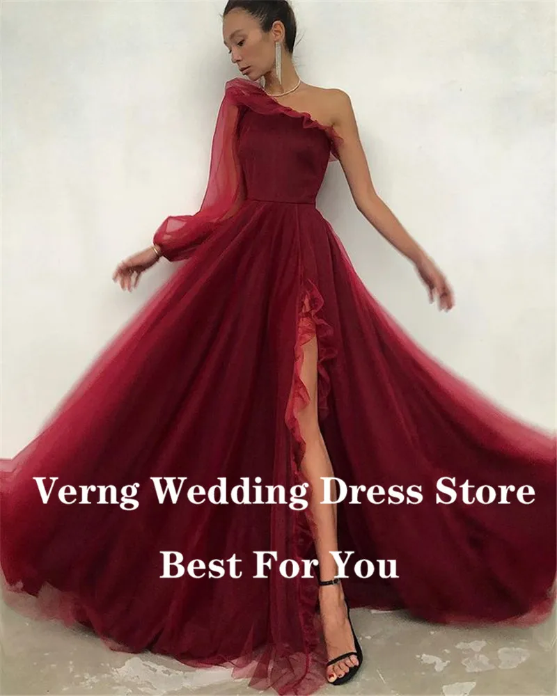 Verngo Elegante Dusty Roze Tulle Lange Prom Dresses Een Schouder Mouwen Ruches Een Lijn Avondjurken Vrouwen Speciale Gelegenheid Jurk