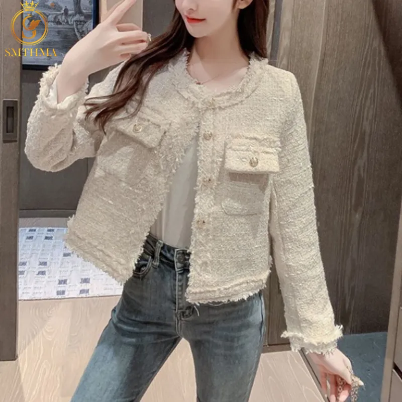 

SMTHMA Runway Style Tweed Short Jacket Women 2022 New Autumn Winter Casual Vintage Coat Women Elegant Female Top