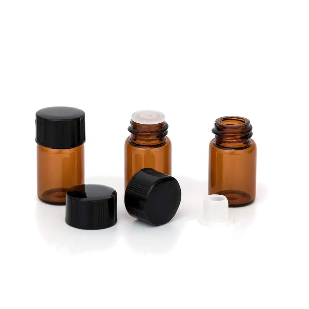 24pcs 1ml 2ml Essential Oil Sample Bottle Empty Amber Glass Mini Vials with Orifice Reducer Black Lids for doTERRA Young Living