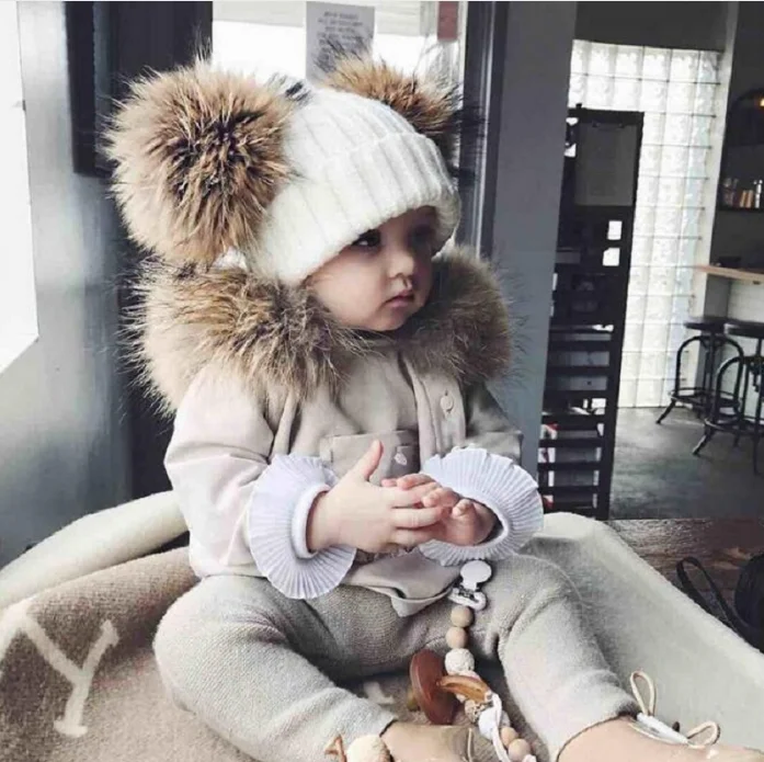 

children's winter toddler baby kids natural real fur hat cap beanie with 2 two double pompom ears funny hat for boys and girls