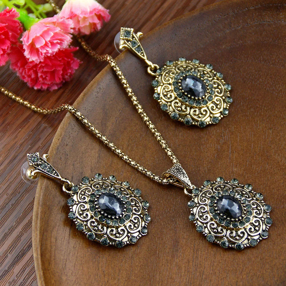 Sunspicems Retro Vintage Bohemia Women Jewelry Sets Antique Gold Color Gray Crystal Drop Earring Necklace Turkish Bijoux Gift