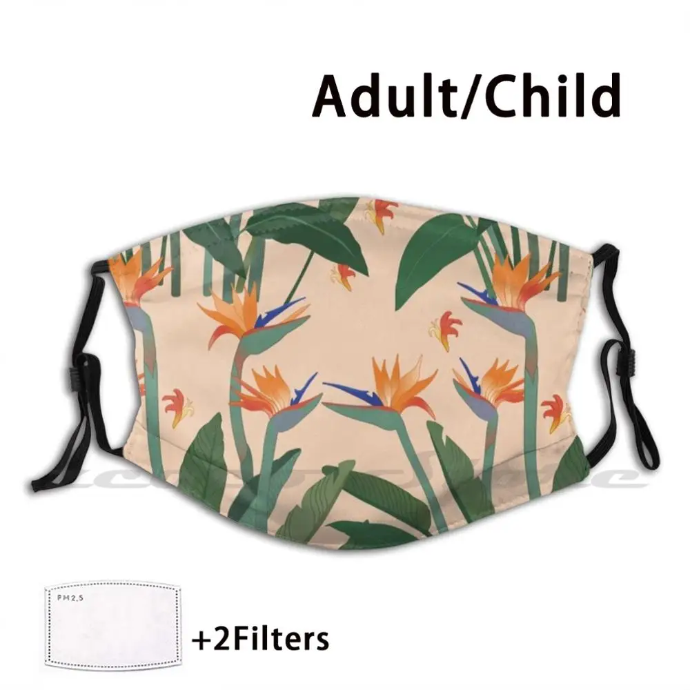 Birds Of Paradise Pattern Mask Adult Child Washable Pm2.5 Filter Logo Creativity Birds Of Paradise Pattern Tropical Flowers