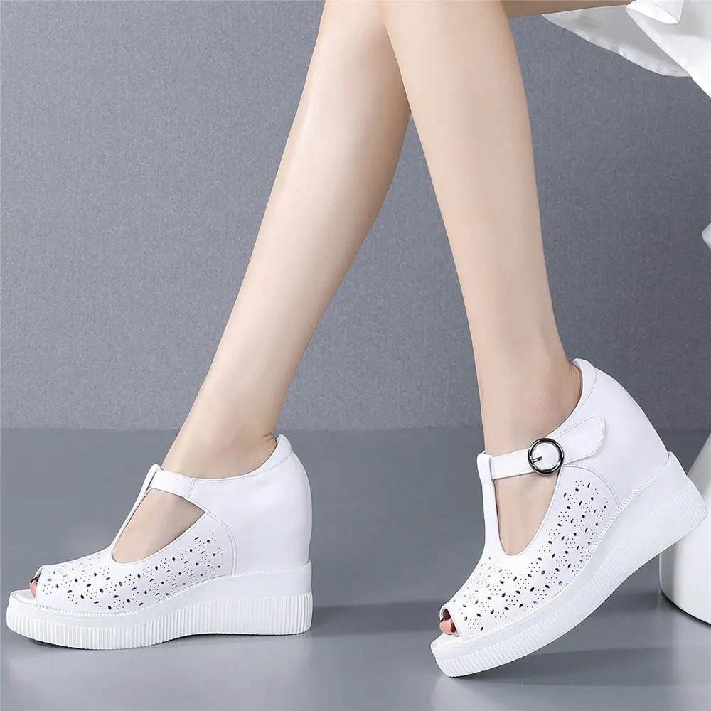 Zapatos de tacón con plataforma para mujer, cuñas de cuero genuino, sandalias de gladiador de tacón alto, zapatillas de deporte de moda con punta abierta para verano, zapatos informales