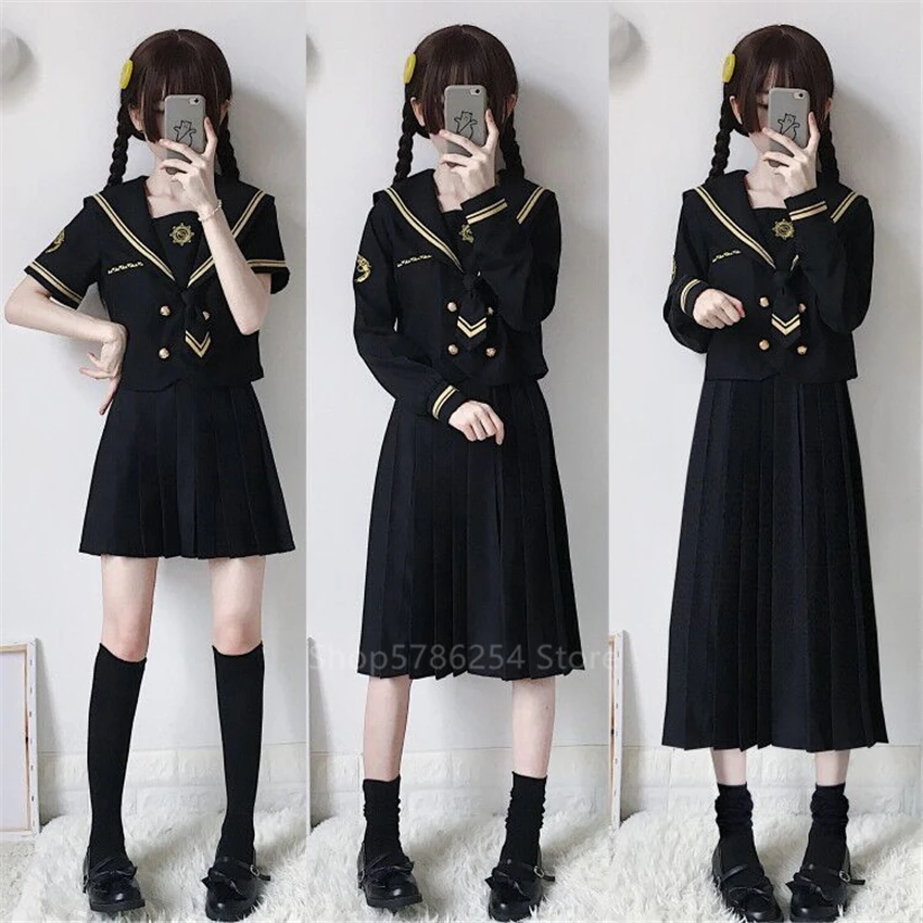 Japanese School Uniform Sailor Shirt Skirt Set Bad Girl Doll Black Gothic Solid Color Pleated JK Suit High School Student Outfit