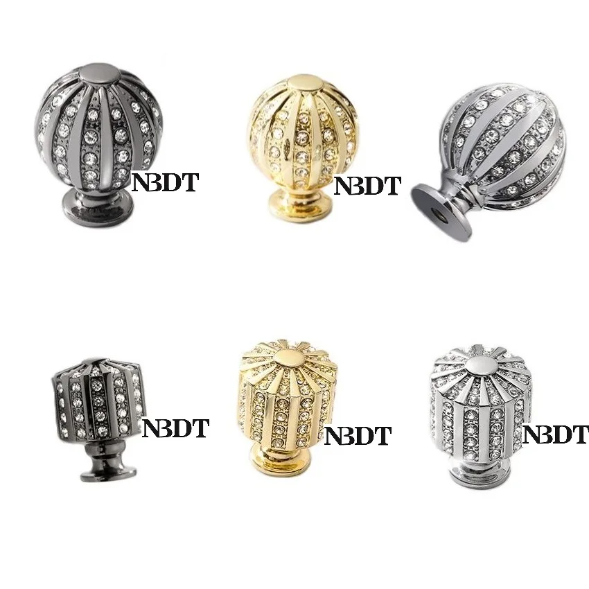 4Pcs Zinc Alloy Barrel Pumpkin Pattern Cabinet Cupboard Knob Inlaid Crystal Diamond Shiny Chrome Black Gold