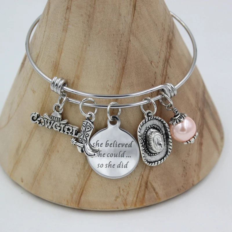 Cowgirl Bracelet Western Charms Stainless Steel Bangles For Women Lady Gifts Jewelry Pulsera