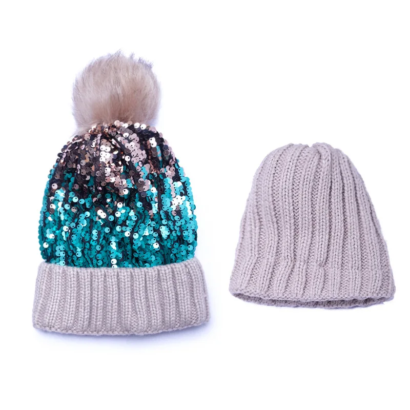 Cross-border new autumn and winter sequin knitted hat Ladies fur ball fashion thick winter hat Baotou sequined woolen cap