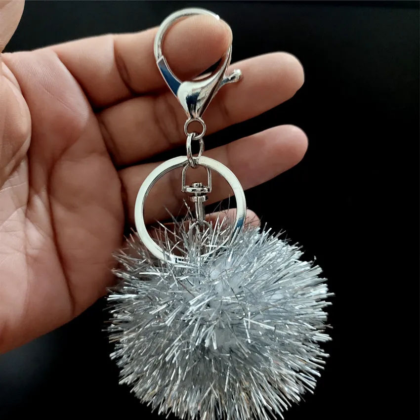 

New Shiny Fluffy pompons Key Chain Silver Polypropylene Fiber Ball Arts Crafts DIY Jewelry Accessories Charming Pom Pom Keyrings