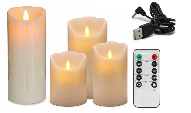 Pack of 4 Remote controlled USB Rechargeable Flickering Paraffin Wax Pillar Candles w/timer Moving Dancing wick Home Party table