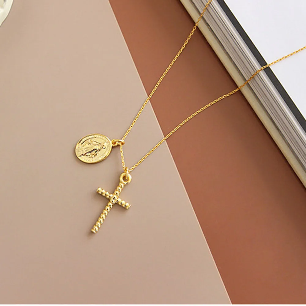 Kikichicc 925 Sterling Silver Rock Punk Cross Oval Women Image Coin Pendant Necklace Long Chain Luxury Crystal Women Jewelry