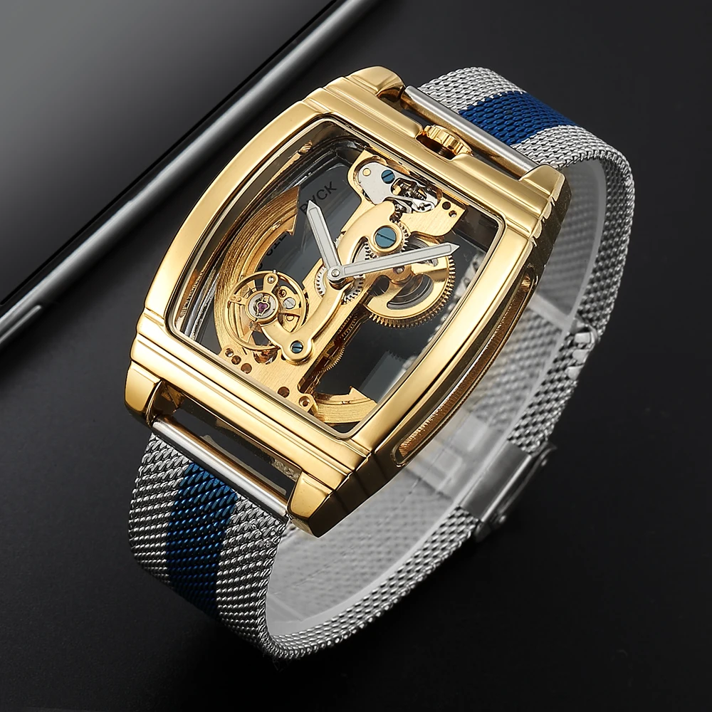 Tourbillon Automatic Mechanical Watch for Men Gold Case Luxury Tonneau Shaped Transparent Dial Luminous Male Winding Wristwatch