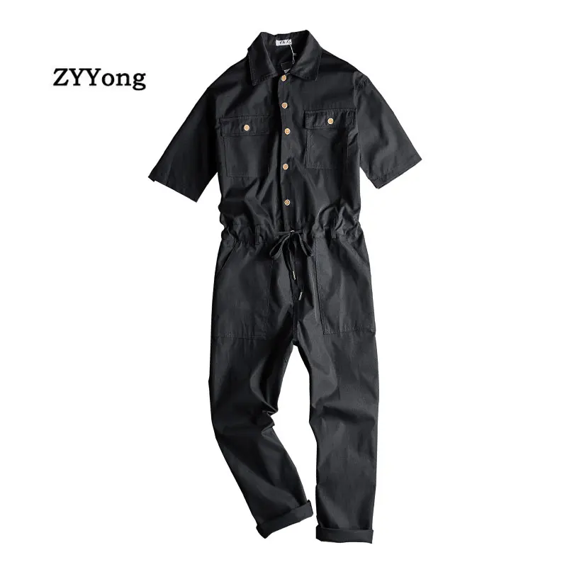 Summer Men Jumpsuit lapel Short Sleeve Ankle Length Hip Hop Streetwear Overalls Black Cargo Pants Loose Leisure Freight Trousers