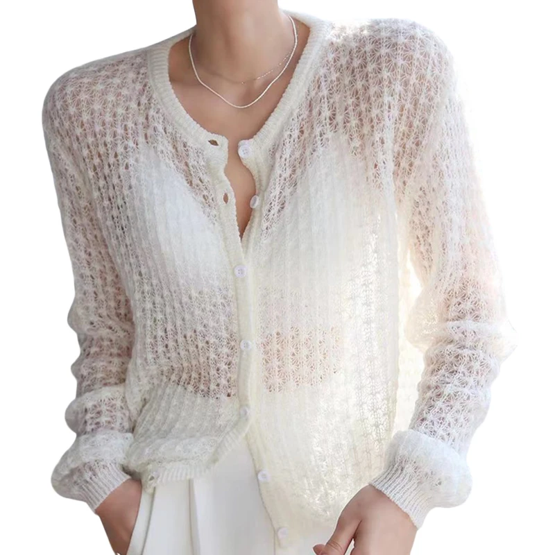 2023 Hollow Out See Through Cardigan Lady Fashion Long Sleeve Single Breasted Button Knitted Sweater Women Autumn Sweet Thin Top