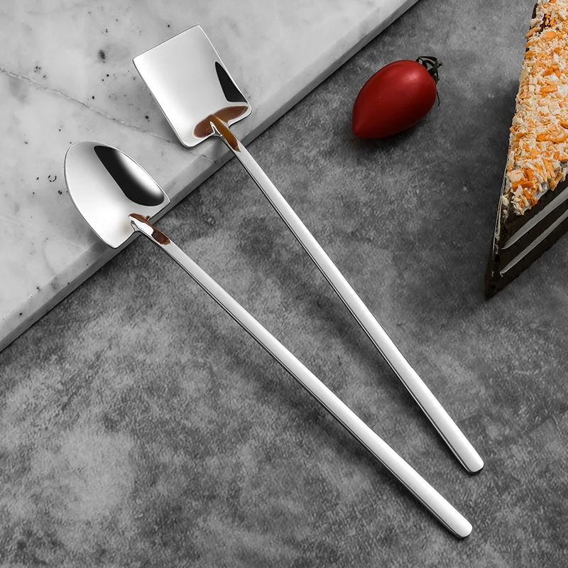 200Pcs/Lot Spoon Fork Stainless Steel Handle Ice Cream Drinking Spoons Shovel Shape Soup Coffee Tea Spoon Scoop Kitchen Flatware