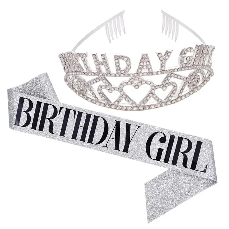 

Birthday Girl Crystal Glitter Crown with Women Silver Birthday Queen Sash Anniversary Ball Party Princess Tiara Decor for Kids