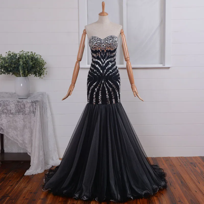 Luxe Strass Sexy Sweetheart Zwarte Lange Prom Dresses 2015 Avondjurk Vestido De Festa Louisvuigon Vrouw A-lijn Kralen